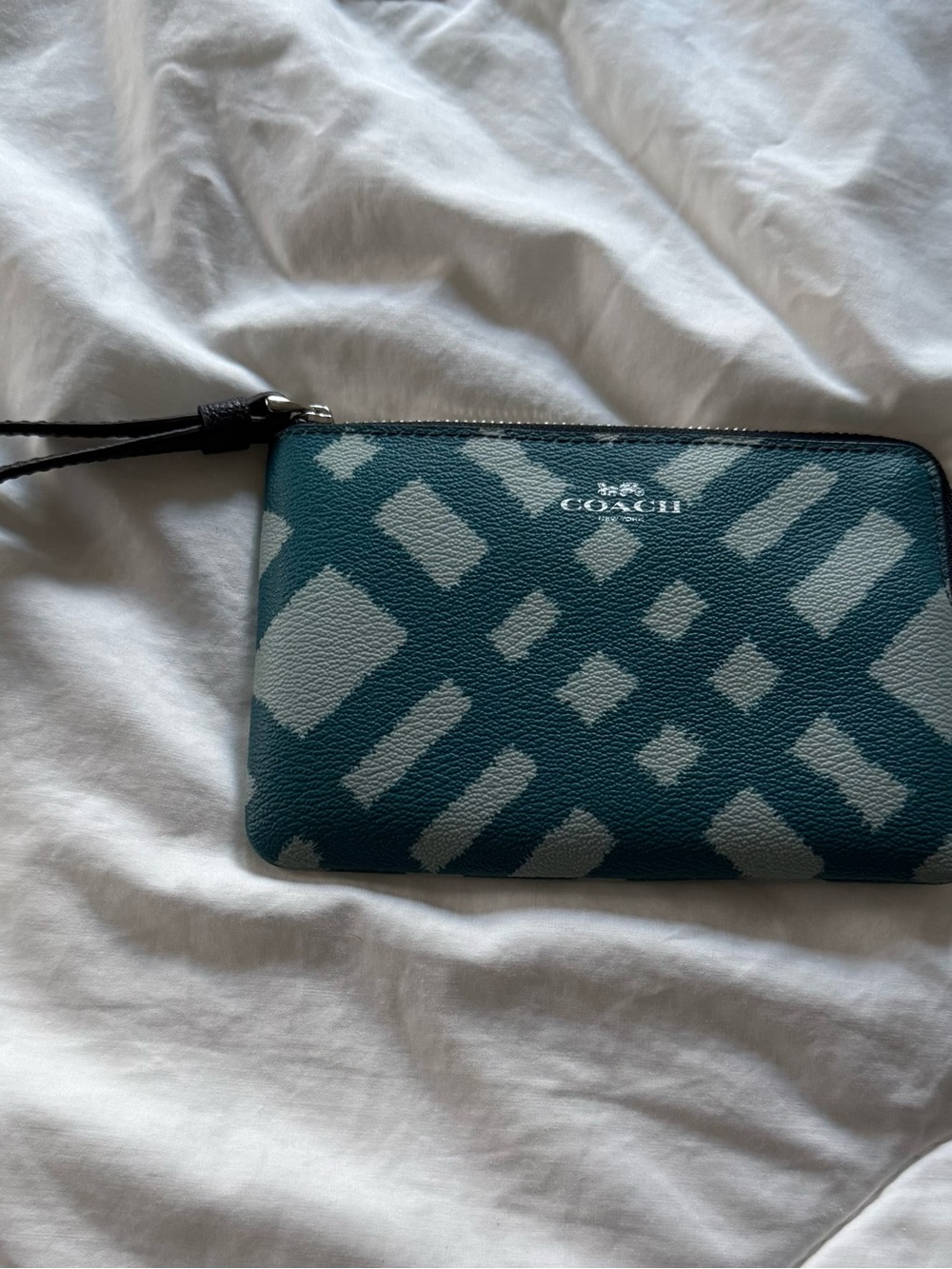 Coach Teal & Light Gray Patterned Zip Wristlet